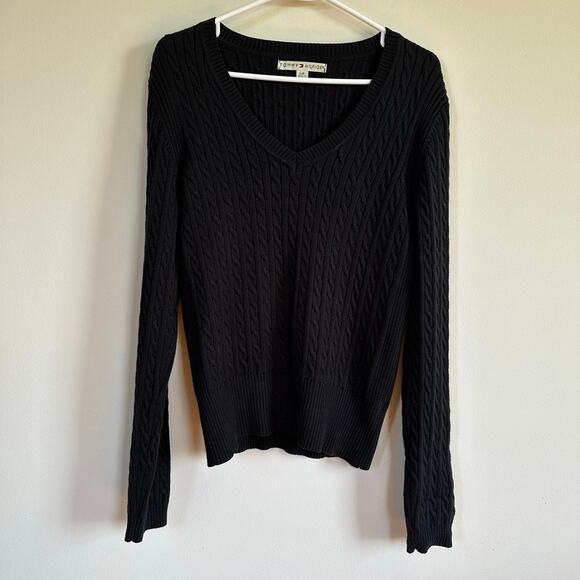 Tommy Hilfiger Sweaters - Tommy Hilfiger Vintage Cable Knit Sweater Pullover V-Neck Preppy Classic Black